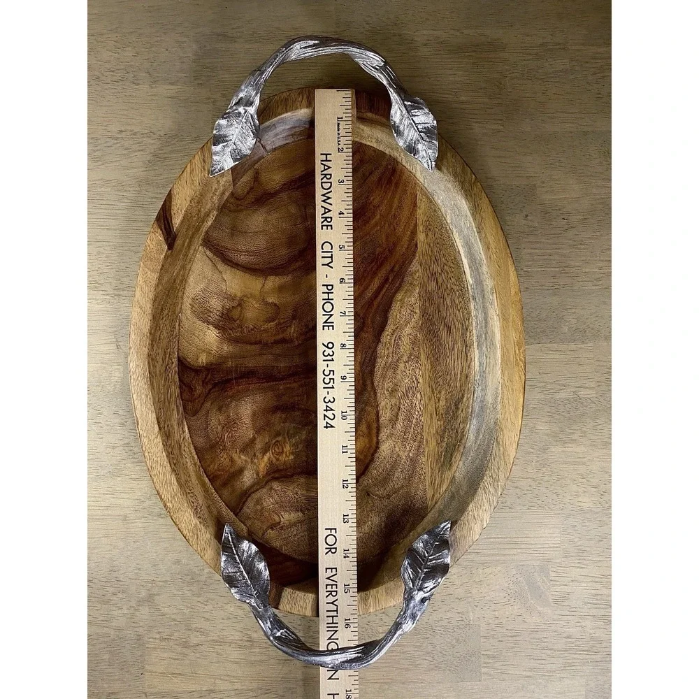 Vintage Pier 1 Wood Oval Serving Tray Pewter Leaf Twig Handle Charcuterie